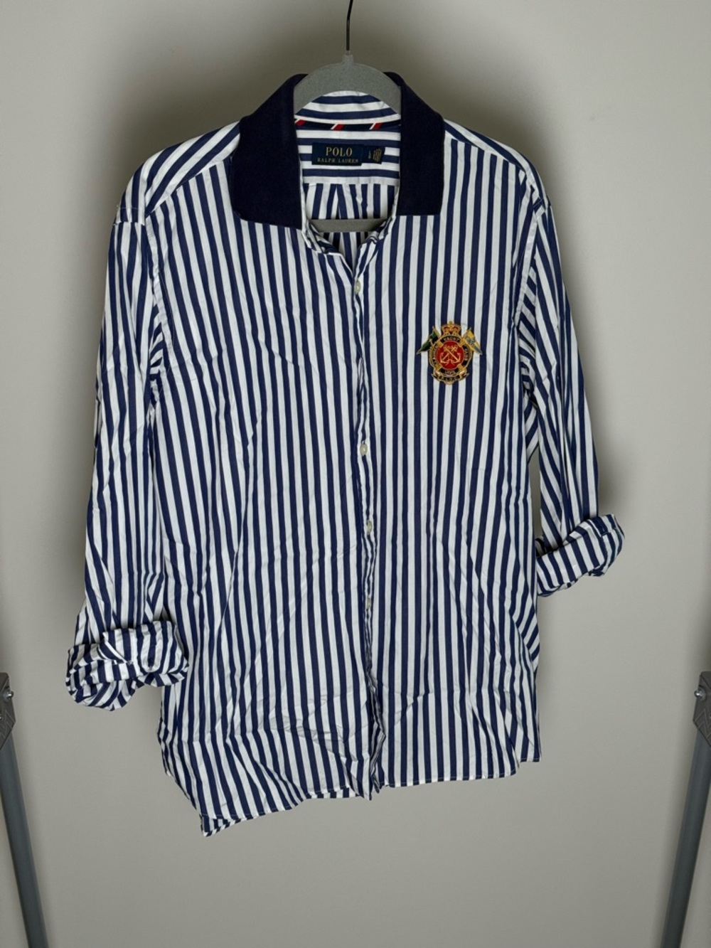 Polo by Ralph Lauren Navy & White Striped Shirt with Solid Navy Collar - Picture 4 of 4